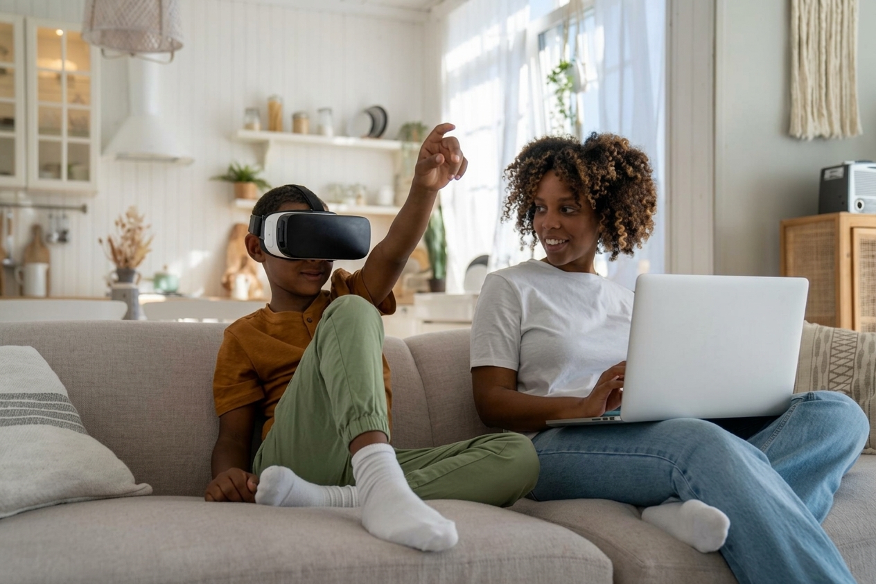 Une famille africaine profite d’une connexion internet à la maison